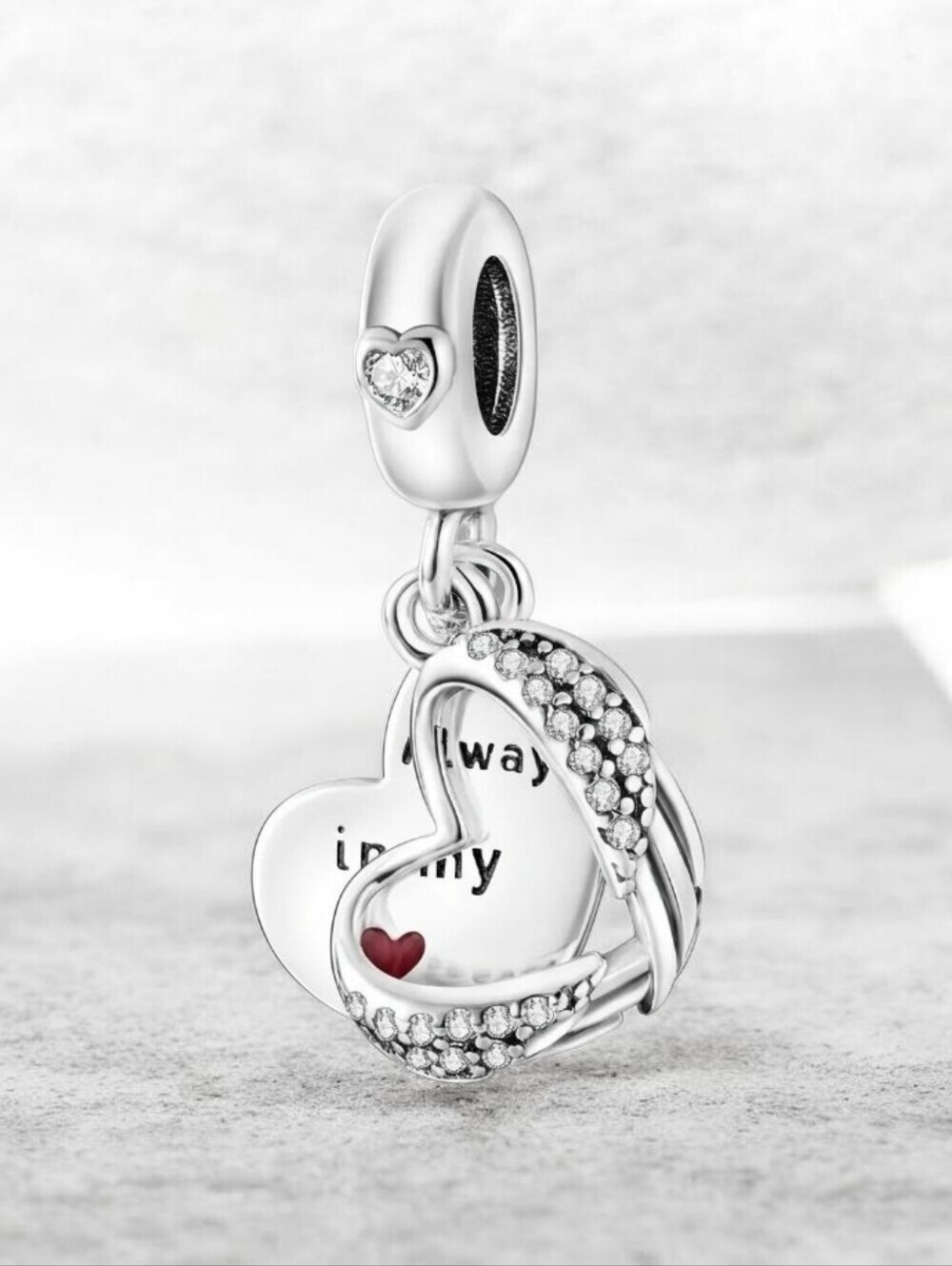 925 Sterling Silver "Always in my Heart" Angel Wing Dangle Charm